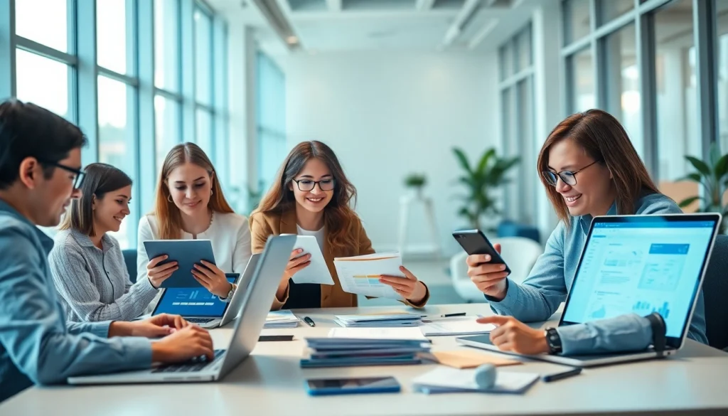 Engaged professionals using WPS官网's AI-powered office software in a modern workspace.
