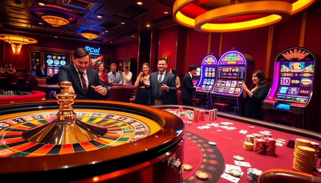 Players enjoy an engaging game at https://789winjj.com/, with a vibrant casino scene featuring roulette and poker tables.