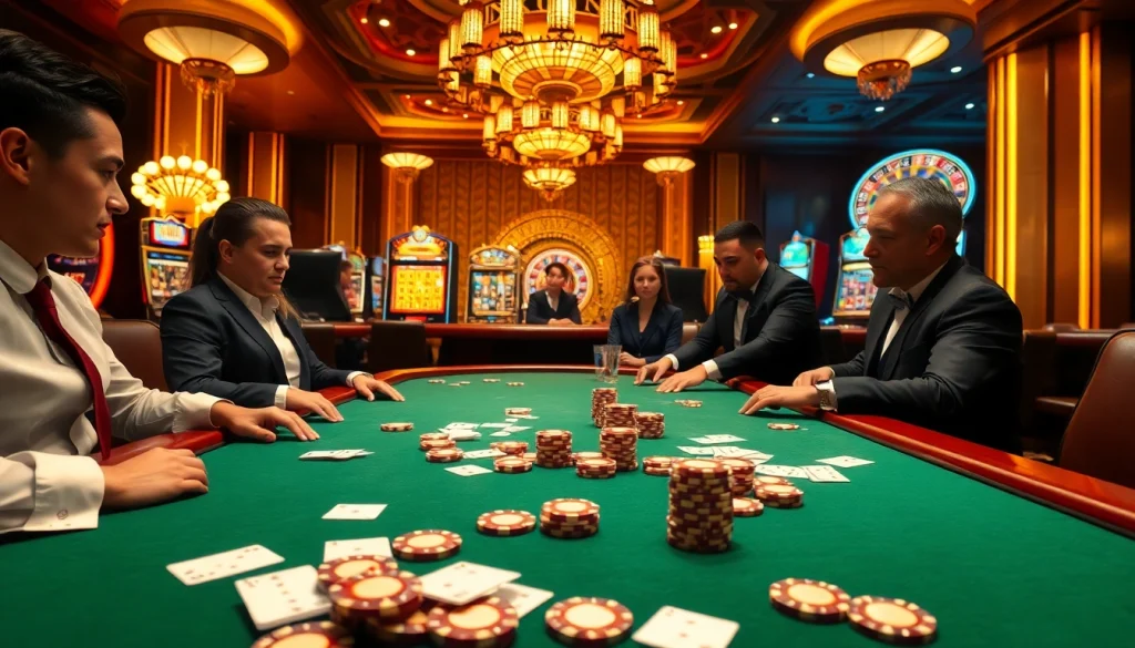 79king players engaging in high-stakes poker at a luxurious casino table.