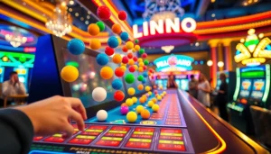 Main game featuring plinko slot with colorful balls and dynamic casino backdrop.