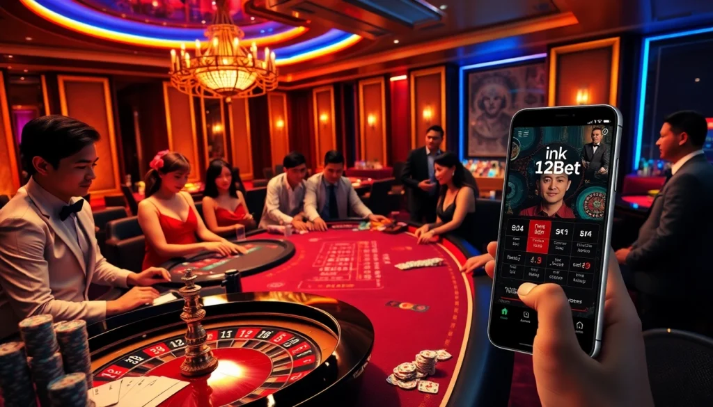 Experience the thrill of gambling with 'ink vao 12bet' at a luxurious casino table featuring poker chips and cards.
