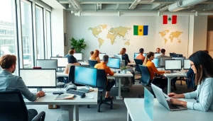 Une équipe de traducteurs diversifiée dans un espace de travail moderne, incarnant l'essence d'une agence de traduction.