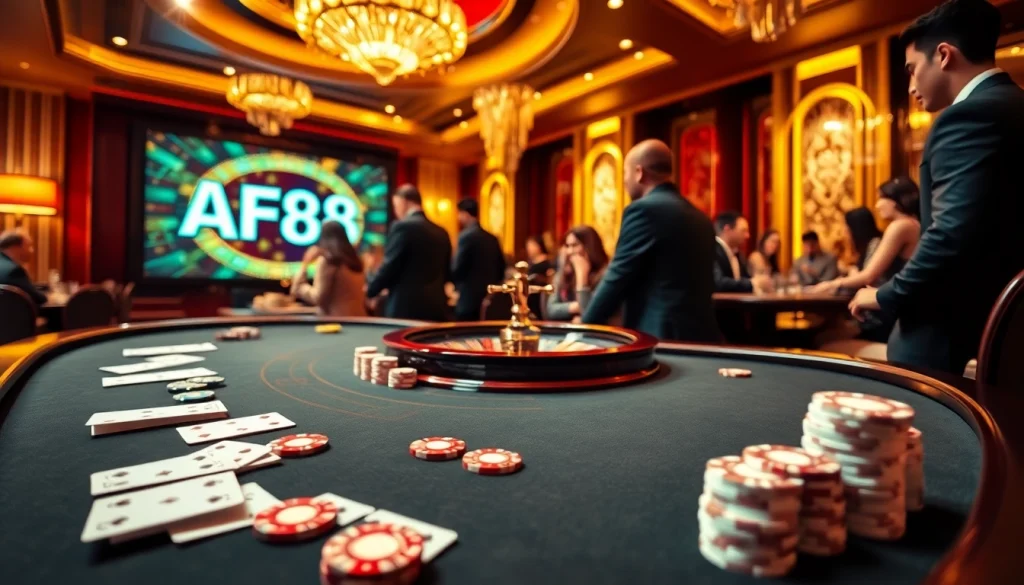 Engaged gamblers enjoying AF88 at an elegant poker table with golden ambiance.