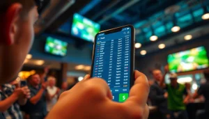 Bettor engaging with sports betting sites Oklahoma on a smartphone in a lively sports bar.