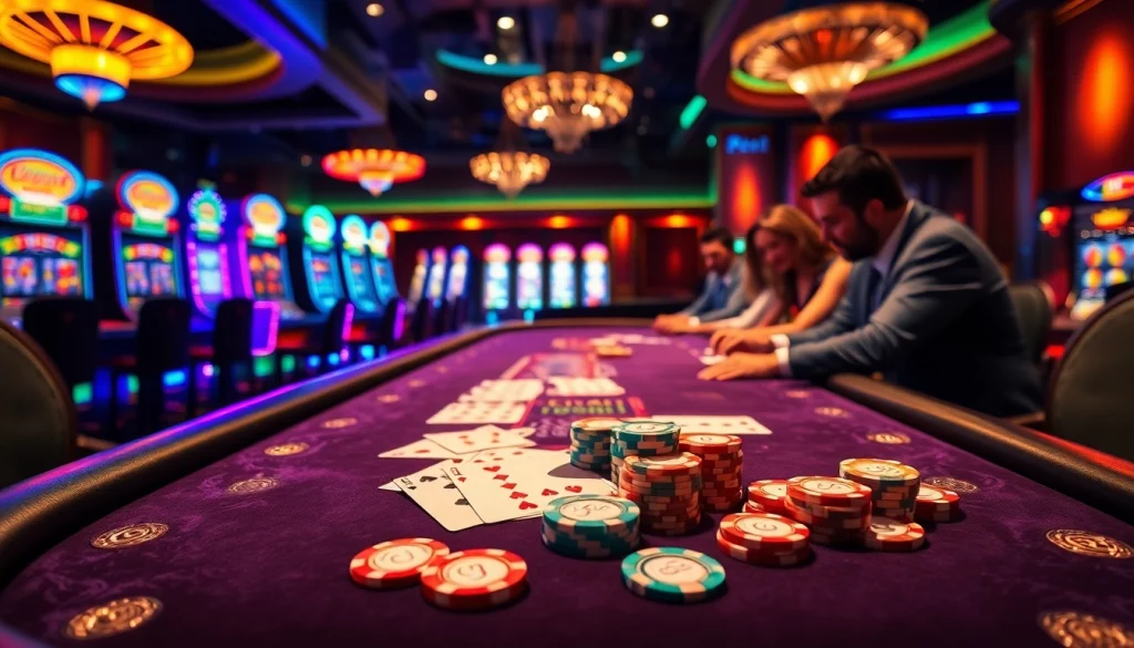 Engage in thrilling games at u8888 with vibrant poker chips and cards in a luxurious casino.