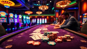 Engage in thrilling games at u8888 with vibrant poker chips and cards in a luxurious casino.