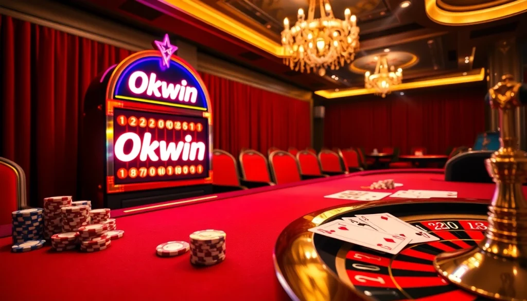Engaging casino atmosphere with Okwin slot machine, poker chips, and a spinning roulette wheel.