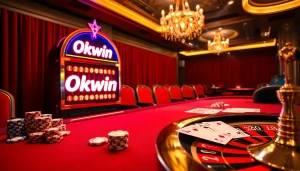 Engaging casino atmosphere with Okwin slot machine, poker chips, and a spinning roulette wheel.