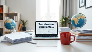 Professional workspace highlighting the process of 'traducere autorizată' with translation tools and documents.