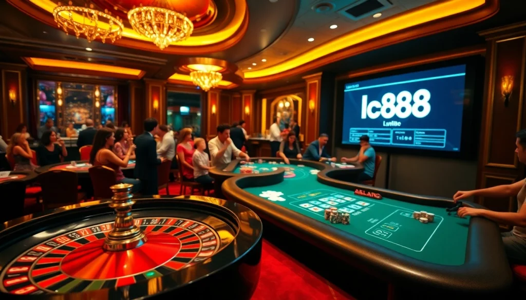 Betting at the LC88 bio casino with excitement at poker tables and roulette wheels.