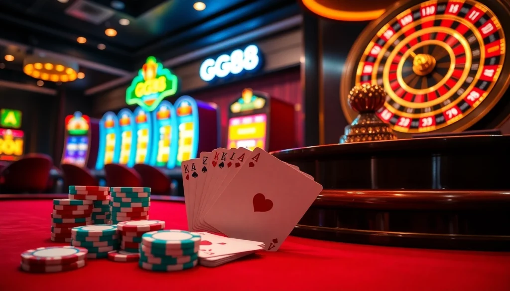 Experience the thrills of gambling at gg88.com with vibrant poker chips and thrilling slot machines.