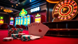 Experience the thrills of gambling at gg88.com with vibrant poker chips and thrilling slot machines.