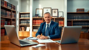 Engaged intellectual property lawyer discussing legal strategies in a professional office environment.