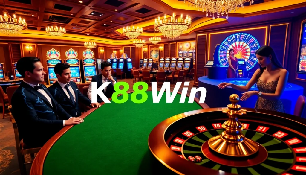 Experience the excitement at K88Win casino with elegant poker tables and vibrant slot machines.