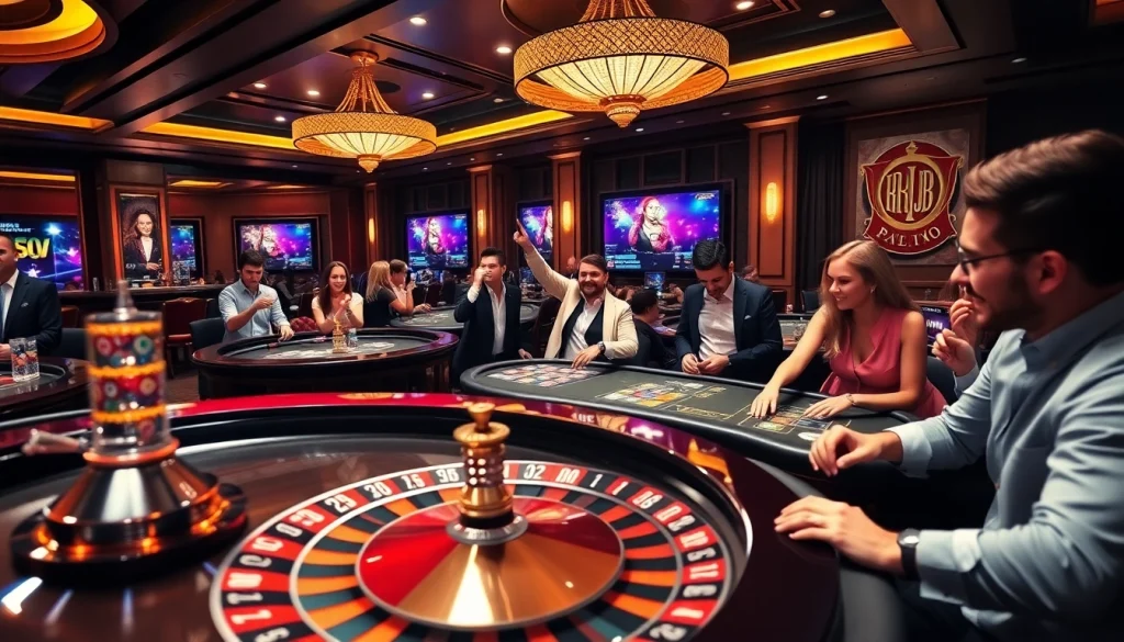 Excited players enjoying a premium casino experience at https://rr88.wales/ with poker tables and roulette.