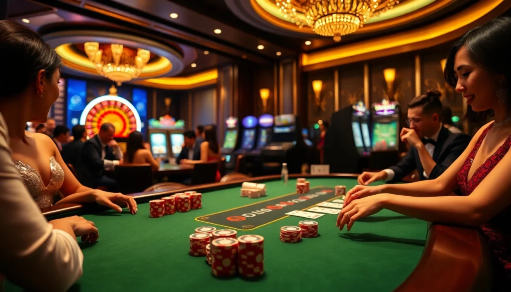 Experience the high-stakes excitement of a casino game at https://rr88c.org/ with players and vibrant poker chips.