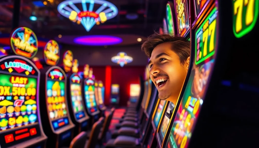 Engaging scene of a player enjoying slot hoki games in a vibrant casino atmosphere.