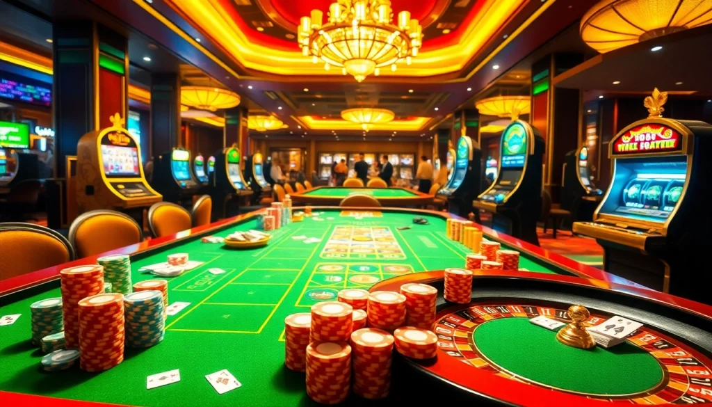 The excitement of gambling at https://tg88com.host/ with vibrant tables, colorful chips, and thrilling slot machines.