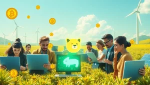 Dogecoin cloud mining scene with diverse users engaging in AI-driven mining technologies.