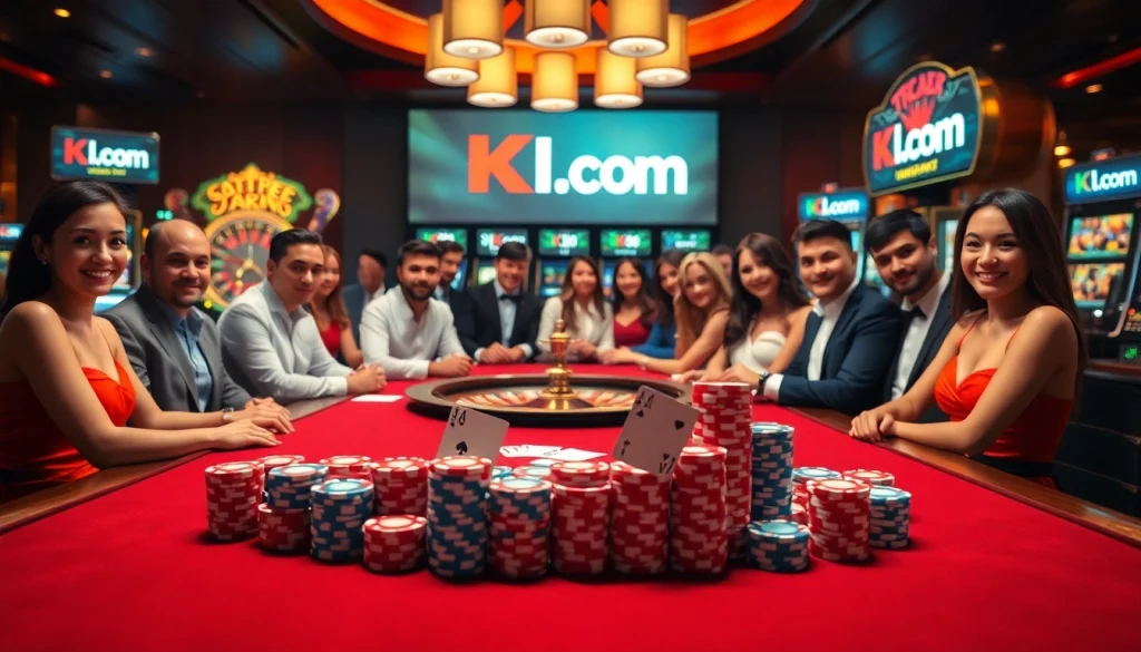 A diverse group of gamblers engaging at a luxurious casino table featuring Kjc.com, showcasing excitement and professionalism.
