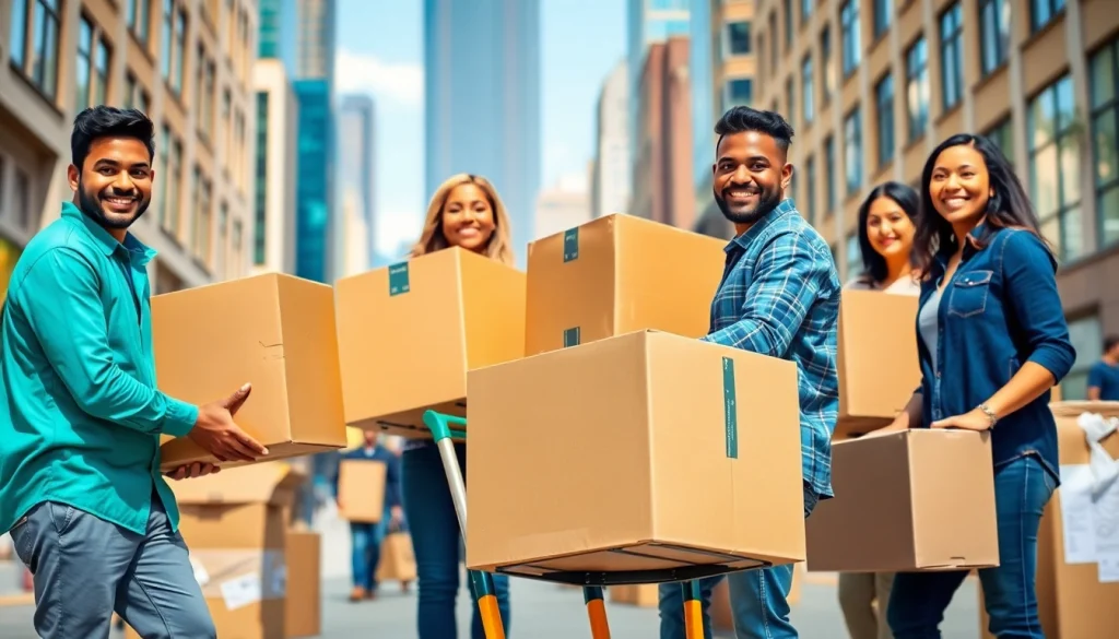 Moving company Vancouver team efficiently carrying boxes in a vibrant urban setting.