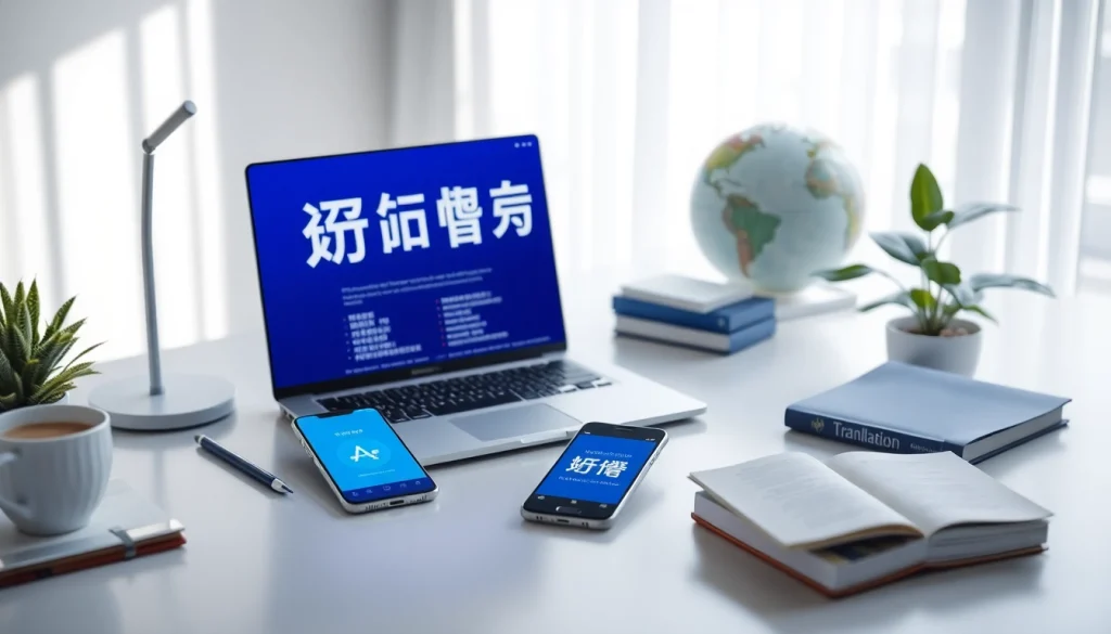 Modern workspace featuring 有道翻译 tools and translation apps for effective language services.