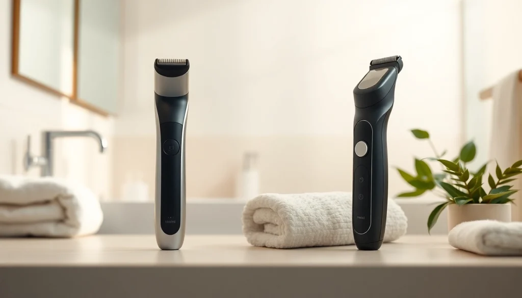 Compare ulike vs 5 min skin hair removal devices in a stylish bathroom setting.
