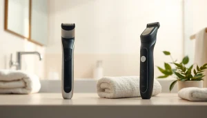 Compare ulike vs 5 min skin hair removal devices in a stylish bathroom setting.