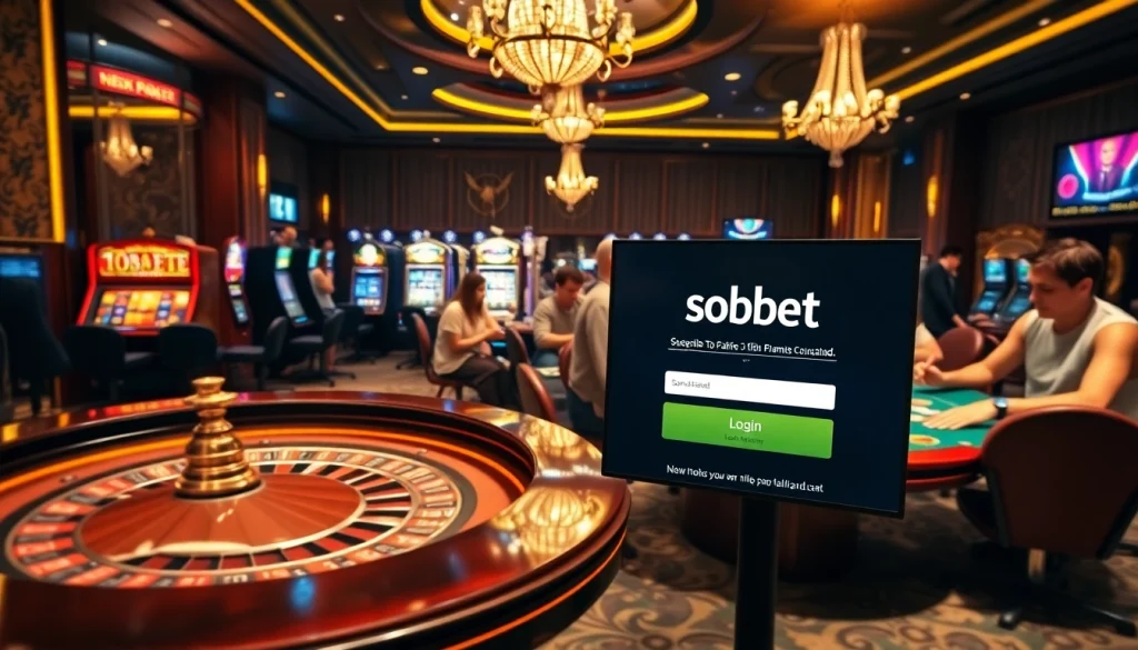 Smooth sbobet login interface amidst an exciting casino atmosphere featuring vibrant tables and players.