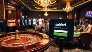 Smooth sbobet login interface amidst an exciting casino atmosphere featuring vibrant tables and players.
