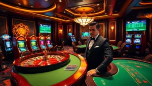 Sbobet betting setup featuring roulette, slot machines, and professional croupiers in a luxury casino atmosphere.
