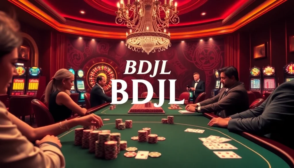 High-stakes poker table featuring BDJL chips with vibrant casino elements and an opulent atmosphere.