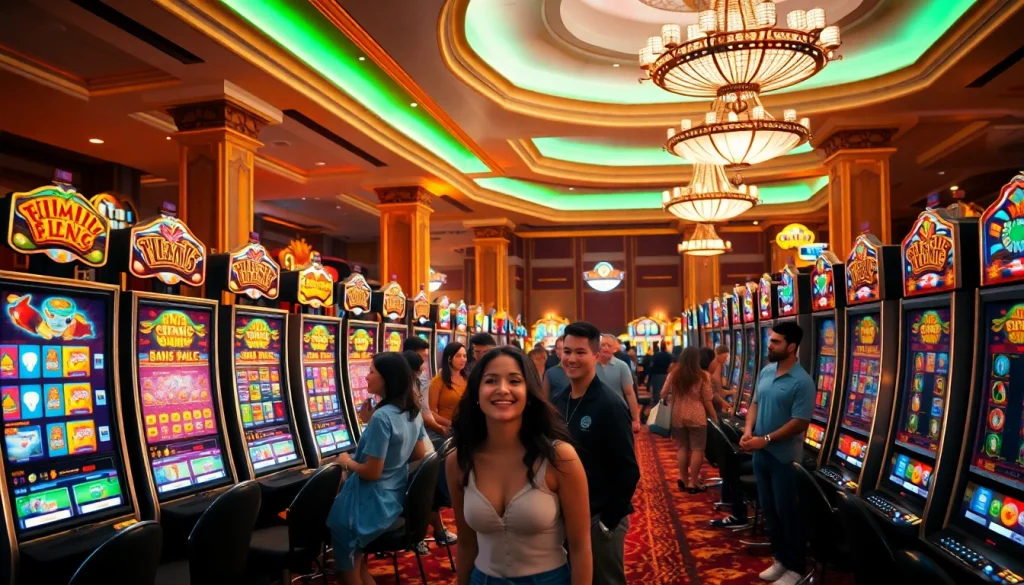 Pemain menikmati Slot Bet 100 di kasino yang ramai, dikelilingi mesin slot berwarna-warni.