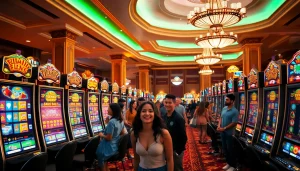 Pemain menikmati Slot Bet 100 di kasino yang ramai, dikelilingi mesin slot berwarna-warni.