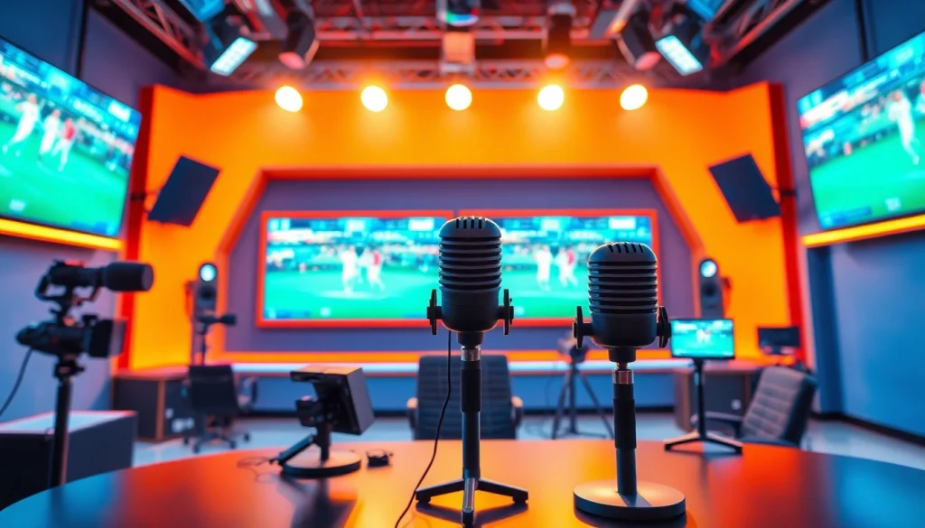 Engaging sports broadcasting studio setup with multiple screens and broadcasting equipment.