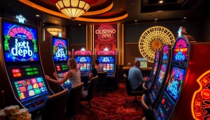 Players enjoying vibrant slot machines featuring slot depo 5rb in a luxurious casino setting.