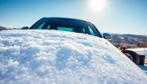 Winter car protection Chattanooga illustrated with a snow-covered vehicle in a serene landscape.