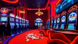 Exciting scene of players engaging with slot777 login on vibrant slot machines.