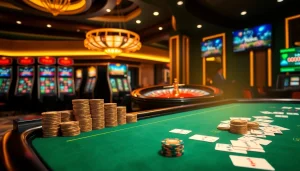 Engaging scene of online gambling at ok88 with poker chips, cards, and a spinning roulette wheel.