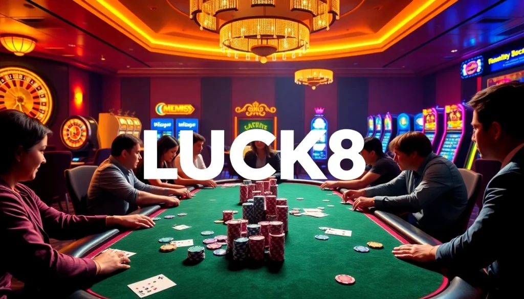 Người chơi đang trải nghiệm cảm giác hồi hộp tại bàn casino LUCK8 với các đồng chip poker sống động và bộ bài.