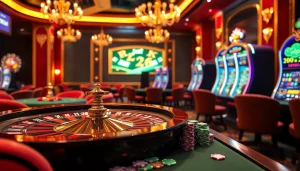Một cảnh casino sống động, giới thiệu các trò chơi hấp dẫn tại https://luck8.com với các yếu tố roulette và poker đầy màu sắc.