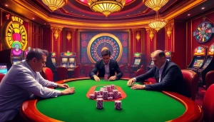 Engaging scene with gamblers at a vibrant casino table, showcasing thabet com experience.