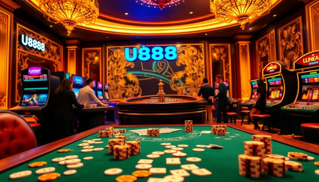 Engaging players enjoying U8888 gambling action at a glamorous casino table with chips and cards.