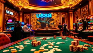 Engaging players enjoying U8888 gambling action at a glamorous casino table with chips and cards.