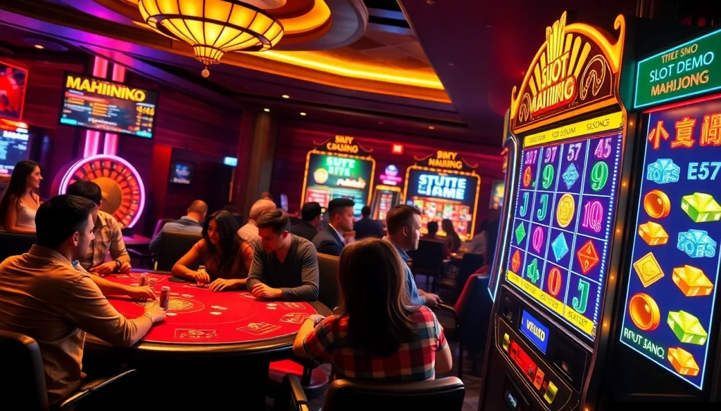 Players enjoy a thrilling slot demo mahjong experience at an elegant casino, surrounded by vibrant gaming action.