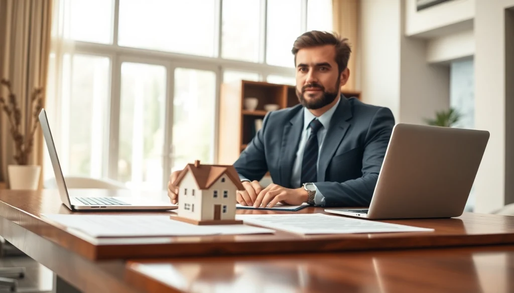 Real estate lawyer advising a client in a modern office setting with legal documents.