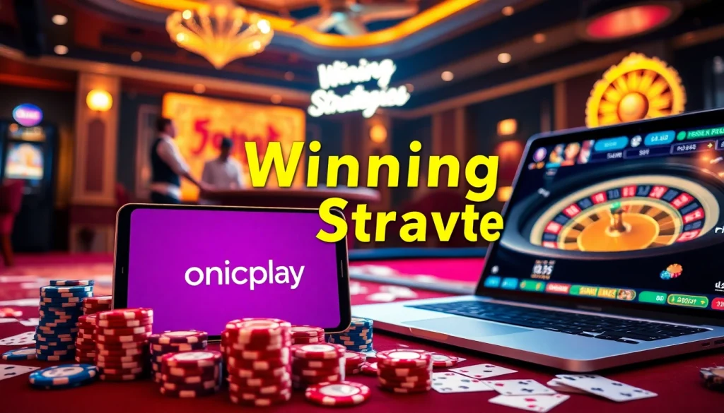 Experience online gaming excitement with onicplay's dynamic casino scene featuring poker chips and slot machines.