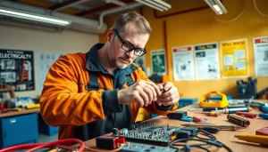 Electrician trade school Colorado student practicing electrical skills in a well-lit workshop.