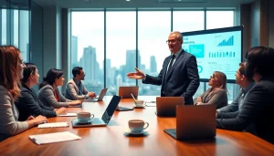 Crisis management consultant leading a strategy meeting in a modern office.