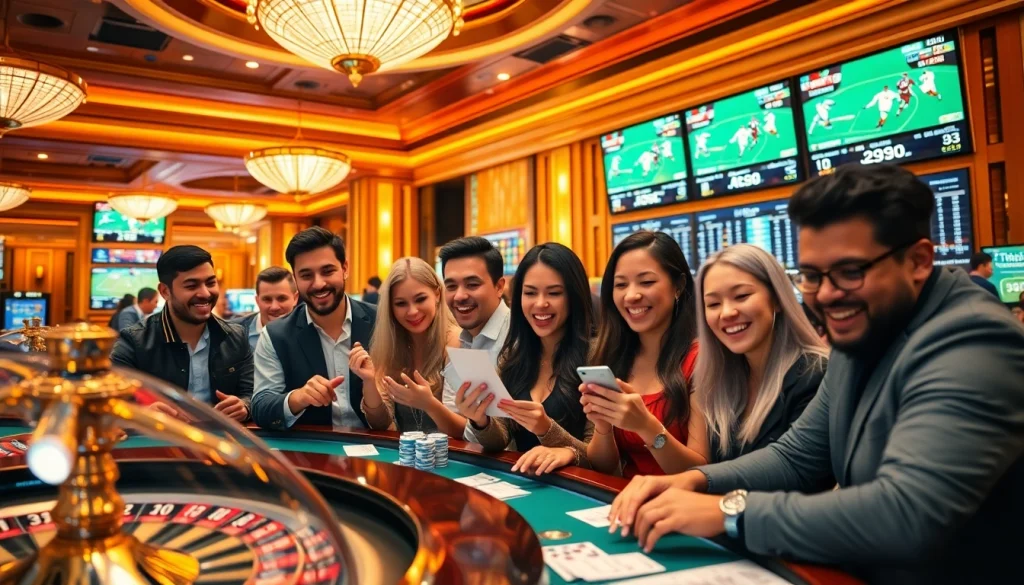 Engaging gamblers focused on แทงบอลยังไง in a vibrant casino scene with high-stakes betting.